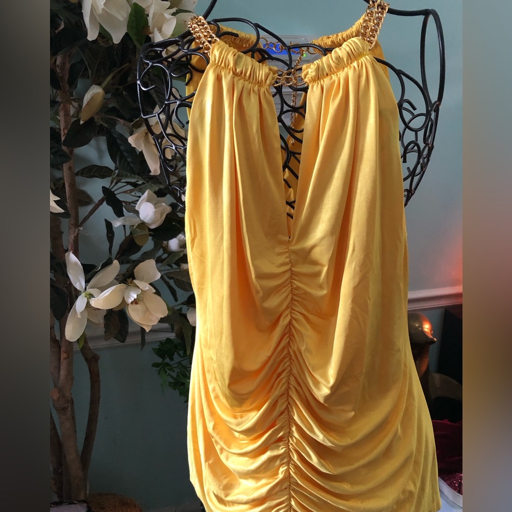 Cache Bright Yellow Halter Top with Gold Chain Accents